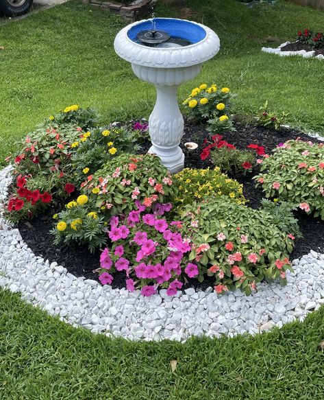 Graden Idea Decor Home, Bird Bath With Flowers, Flowers Around Fountain, Rustic Flower Bed Ideas, Bird Bath Ideas Landscaping, Birdbath Ideas Landscaping, Birdbath Landscaping, Patio Design Modern, Front Yard Garden Landscaping