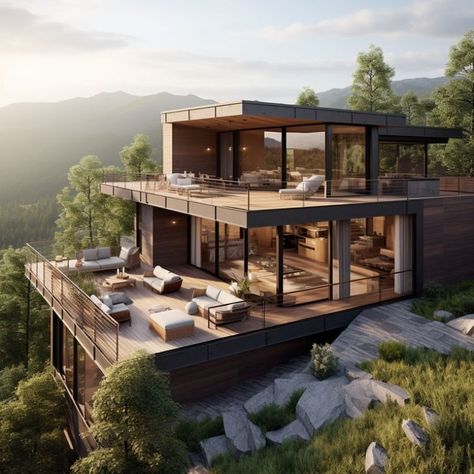 Luxury Villas #exteriordesign #outdoordesign #luxuryhomes #luxuryfurniture #luxurygarden #luxuryhouse #interiordesign #interiordecor #designlovers #luxuryhouse Airpark Homes, House Built Into Hillside, Slope House Design, Japanese Modern House, Modern Wooden House, Eco House Design, Slope House, Luxury Exterior, Small House Interior