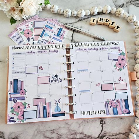 Happy March Everyone! Be honest, did you have your Monthly Planner spread ready in time? I actually decorated this one extra early because I was do excited to use these new stickers! 💜🩷💙 These are from my most recent collection called Blossoms and Bibliophiles, and they are available in my shop right now. There are tons more digital items available in my Patreon too, if you like these designs and this color palette! So, go check that out too. Everything is linked in my bio. #ihaveplansforyo... Dashboard Planner Layout, Happy Planner Monthly Layout Ideas, Happy Planner Monthly Layout, Happy Planner Monthly, Planner Monthly Layout, Happy Planner Free Printable, Planner Spread Inspiration, Happy Planner Printables, Monthly Layout