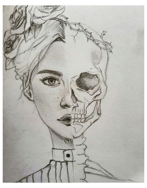 Skeleton Person Drawing, Face Skeleton Drawing, How To Draw Half A Face, Half And Half Drawings Sketch, Skeleton Face Sketch, Drawing Skeleton Face, Half Skull Half Face Art, Half Faces Sketches, Half Skull Face Drawing