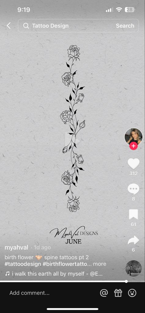 Fine Line Rose Spine Tattoo, Vine Tattoo With Birth Flowers, Spine Tattoo Rose Vine, Rose Vine Back Tattoo, Red Rose Spine Tattoo, Spine Tattoos For Women Rose Vine, Roses Spine Tattoos For Women, Rose Spin Tattoo, Rose Spinal Tattoo