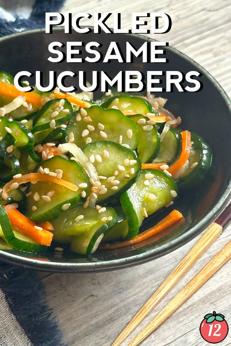 Pickled Sesame Cucumbers | 12 Tomatoes Sesame Cucumbers, Asian Pickled Cucumbers, Pickled Cucumber Salad, Cultured Vegetables, Pickled Cherries, Pickled Cucumbers, Pickled Cucumber, Canned Food Storage, Cucumbers And Onions