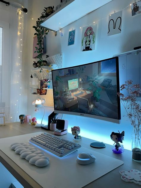 Gaming Set Up Aesthetic, Cozy Pc Setup, Dorm Room Things, Wfh Aesthetic, Room Ideas Desk, Study Desk Bedroom, Cute Gaming Setup, Home Gaming Room, Room Set Ups