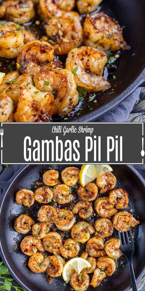 Gambas pil pil, also known as shrimp pil pil or chili garlic shrimp, is a Spanish dish of shrimp cooked in a spicy chili garlic oil. It is a quick and easy weeknight dinner or a simple appetizer for a party. This Spanish tapa is a delicious low carb, keto dish that has a little bit of heat and lots of garlic flavor. It's an easy weeknight dinner or a perfect party appetizer. Chili Garlic Shrimp Recipe, Chili Garlic Shrimp, Spanish Dish, Recipes For Lent, Best Easy Dinner Recipes, Simple Appetizer, Lent Recipes, Gluten Free Main Dishes, Easy Fish Recipes