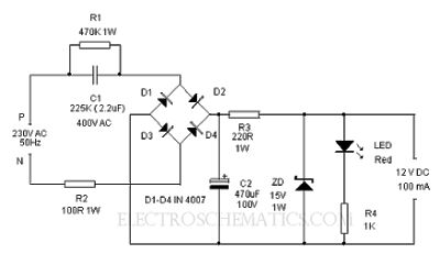 12V 100mA Transformerless power supply Circuit Ac Circuit, Power Supply Design, Basic Electrical Wiring, Diy Clothes Rack, Diy Amplifier, Electronic Circuit Design, Power Supply Circuit, Hobby Electronics, Electric Circuit