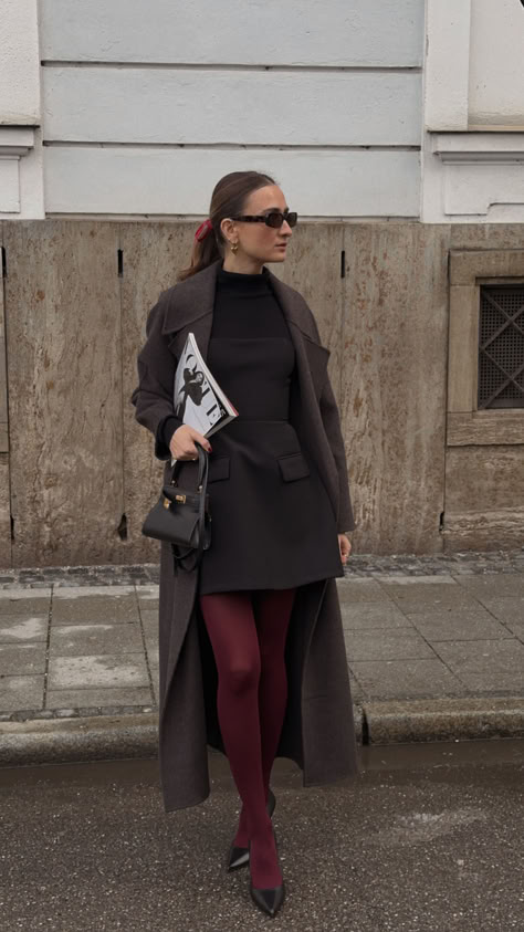 Burgundy Belt Outfit, Dress With Coat Outfit, Black And Burgundy Outfit, Burgundy And Black Outfit, Red Wine Outfit, Christmas Day Outfit Women, Spring Workwear, Burgundy Tights, Colored Tights Outfit