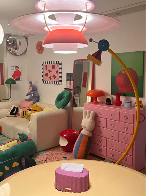 Kidcore Interior Design, Kindercore Interior Design, Kidcore Living Room, Kidcore Furniture, Kidcore Apartment, Childish Room Aesthetic, Food Themed Home Decor, Primary Color Decor, Kidcore House