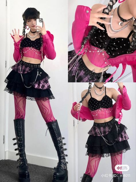 Pink And Black Kpop Outfits, Bubblegum Punk Fashion, Outfits To Wear To A Pink Concert, Punk Harajuku Outfits, Hyperpop Concert Outfit, Alt Barbie Outfits, Black And Pink Punk Aesthetic, Cute Idol Outfits, Hyperpop Aesthetic Fashion