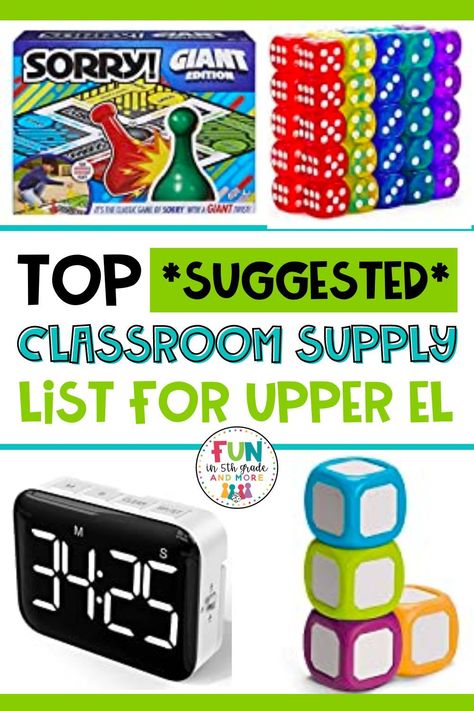 Are you an upper elementary teacher already thinking about your classroom supply list? Today, we are sharing our must-have teacher classroom supplies that you may not have even thought of. These student supplies and teacher supplies will enhance student learning and save you time. We generated a classroom supply list for teachers that has everything from math manipulatives like dice to extra games and board games for the classroom for indoor recess and early finishers. Elementary Teacher Must Haves, Classroom Supply List, Classroom Supplies List, Fifth Grade Classroom, Games For The Classroom, Expo Markers, Teacher Classroom Supplies, Fifth Grade Resources, Student Supplies