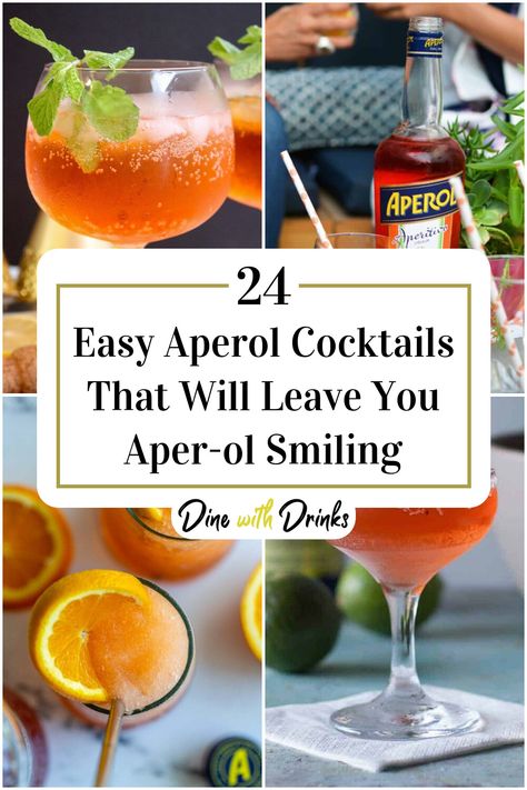 Collage of 4 easy aperol cocktails. Aperol Vodka Cocktail, Aperol Cocktail Recipes Gin, Aperol Spritz Recipe Cocktails, Gin And Aperol Cocktail, Aperol Drink Recipes, Gin Aperol Cocktail, Aperol Spritz Cocktails, Aperol Recipe Cocktails, Aperol Drinks Cocktail Recipes