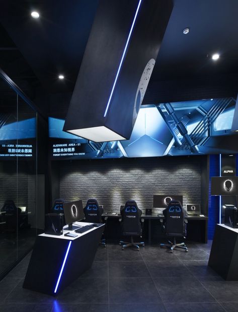 Alienware theme store and internet café by Gramco, Kunming – China » Retail Design Blog Gamenet Design, Internet Cafe Design, Game Store Design, Kunming China, Vr Room, Gaming Shop, Gaming Lounge, Gaming Center, Game Cafe