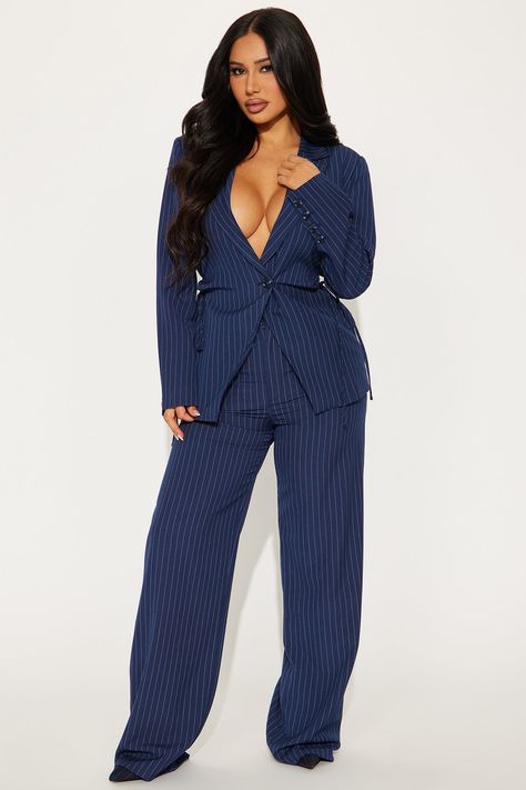 Available In Navy. Pinstripe Pant Set Blazer Single Breasted Lace Up Side Cinch Wide Leg Trouser Button and Zipper Closure Moderate Stretch 32.5" Inseam Top/Bottom: Self: 63% Polyester 33% Rayon 4% Spandex Bottom: Lining: 98% Polyester 2% Spandex Imported | Corporate Baddie Pant Set in Navy Blue size 2X by Fashion Nova Black Women Professional Outfits, Navy Blue Outfits For Women Classy, Blue Wide Leg Pants Outfit, Sunday Fits, Leather Skirt Set, Plus Size Professional, Glam Closet, Classy Business Outfits, Corporate Baddie