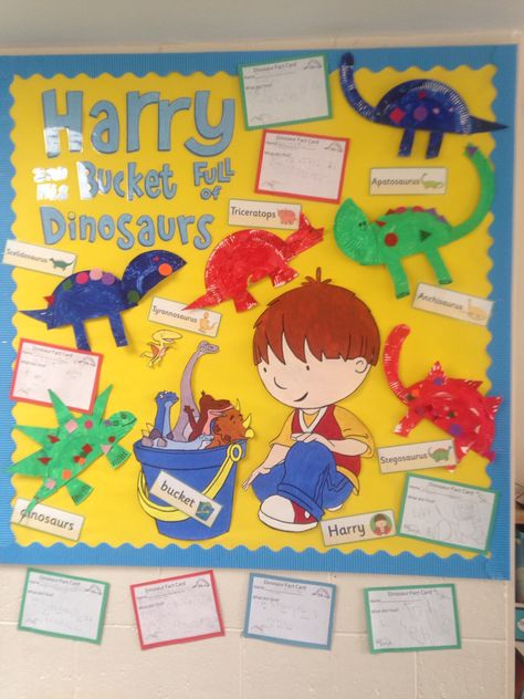 Harry & Bucketful of Dinosaurs display Harry And His Bucket Full Of Dinosaurs, Harry And The Bucketful Of Dinosaurs, Dinosaur Display Classroom, Nursery Display Boards, Dinosaurs Eyfs, Dinosaurs Kindergarten, Toys Topic, Dinosaur Display, Dinosaur Classroom