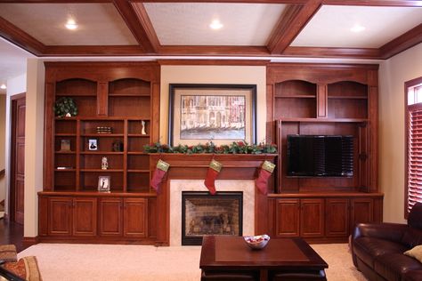 Prairie Heritage Cabinetry - Sioux Falls, SD Cherry Fireplace Surround and Built Ins. Cauffered Ceiling by Prairie Heritage Cherry Wood Built Ins, Cauffered Ceiling, Wood Built Ins, Cherry Fireplace, Dream Fireplace, Built In Around Fireplace, Raised Ranch, Library Living Room, Living Room Fireplace