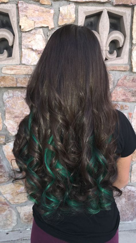 Green Peekaboos by yours truly Green Peekaboo Hair, Green Hair Highlights, Green Peekaboo, Emerald Green Hair, Peekaboo Hair, Dark Brown Hair, Green Hair, Yours Truly, Hair Highlights