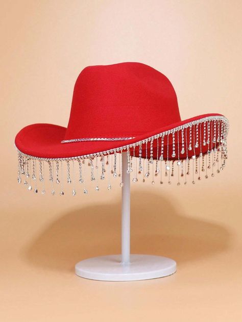 1pc Fashionable Rhinestone & Tassel Decor Western Cowboy Hat With Limestone Sun Protection, Suitable For Bachelorette Party, Bridal Shower, Carnival, And Music Festival | SHEIN USA Decor Western, Tassel Decor, Western Cowboy Hats, Tassels Decor, Western Decor, Fedora Hat, Cowboy Hat, Western Cowboy, Bachelorette Party