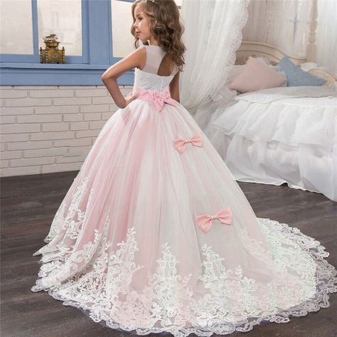 Teenager Girls Backless Tulle Party Dress With Bow Girls Charming Lace Pink Flower Girl Dress Wedding Bridesmaid Pageant Party Wear For 5-14Y Long Dress Bridesmaid, Clothes Flower, Tulle Party Dress, Girls Long Dresses, Wedding Costume, Prom Ball Gown, Long Prom Gowns, Girls Christmas Dresses, Dresses For Girls