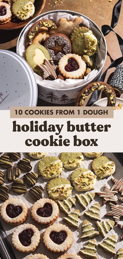 Homemade holiday butter cookie box that's perfect for gifting. They're all made with ONE dough recipe, 3 base flavours, and makes 10+ different cookie styles! Buttery, crisp cookies decorated with chocolate, nuts, jam, and biscoff with unlimited creative combinations - it's up to you! #cookiebox #holidaycookies #cookies | teakandthyme.com Holiday Butter, Crisp Cookies, Xmas Recipes, Cookie Dough Recipe, Christmas Cookie Box, Cranberry Jam, Cookie Business, Cookie Dough Recipes, British Baking