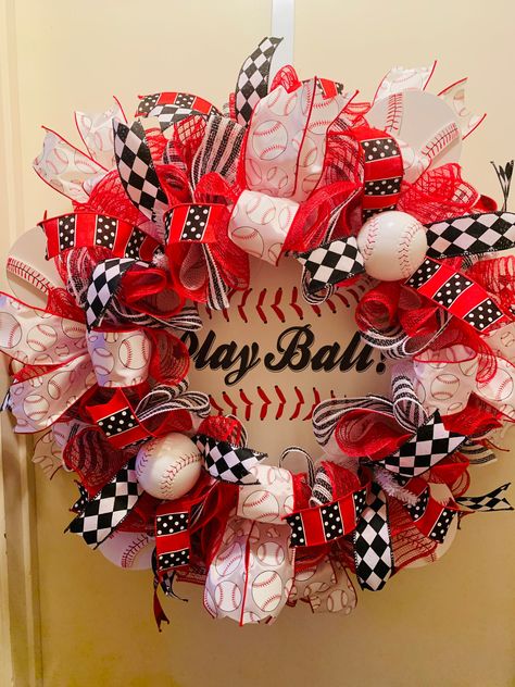 READY TO SHIP! Baseball Fathers Day Door Wreath, imagine how beautiful any door in your home would look with this gorgeous wreath hanging on it and what a great way to greet your guests, family and neighbors.  This could also be a birthday gift or the perfect man cave gift for the sports lover.  SIZE: 31x31x9 FREE door hanger with purchase.  All my designs are handmade custom one of a kind for any and all occasions, and I use high quality materials.  I make all my bows and I work for hours on most wreaths to achieve the design and finished product that I want to come alive.  Wreaths, swags and centerpieces make decorating easy, visit my Etsy.com shop tonismadewreathlove  CARE INSTRUCTIONS: It is highly recommended to keep this piece out of direct sunlight, rain, snow etc. to prevent degrad Baseball Wreath, Baseball Wreaths, Wreath Hanging, The Perfect Man, Baseball Decor, Wreath Wall Decor, Gold Door, Wreaths For Sale, Sports Decor