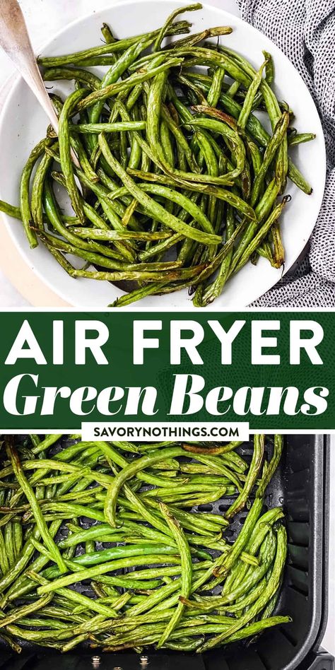 These Air Fried Green Beans come out roasted and delicious! The crispy blistered skin gives them a wonderful depth of flavor for the perfect easy side dish. | #airfryer #airfryerrecipes #sidedish #greenbeans #healthyfood #healthyrecipes #healthycooking #healthyeating #vegetablesidedish #vegetables Fried Green Bean Recipes, Air Fryer Sides, Air Fried Green Beans, Air Fryer Green Beans, Seasoned Green Beans, Air Fryer Veggies, Air Fryer Breakfast Recipes, Air Fryer Vegetables, Air Fryer Foods