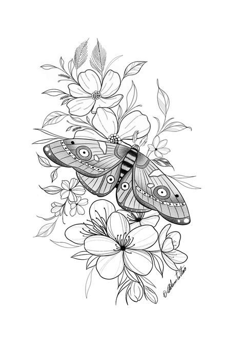 Moth And Flowers Tattoo Design, Moth And Floral Tattoo, Butterfly Floral Tattoo Design, Butterfly Tattoo Stencil, Moth Tattoo Design, Illusion Tattoos, Optical Illusion Tattoos, Arm Sleeve Tattoos For Women, Floral Thigh Tattoos