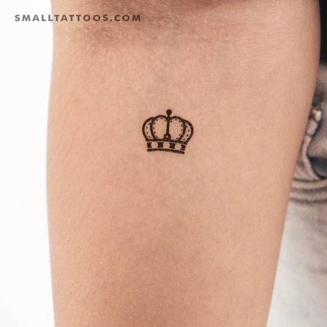 Queen crown temporary tattoo done on the inner forearm. Charlotte Crown Tattoo, Prince Crown Tattoo, Crown Outline Tattoo, Fine Line Crown Tattoo, Crown Outline, 24 Tattoo, King Crown Tattoo, Queen Crown Tattoo, Small Crown Tattoo