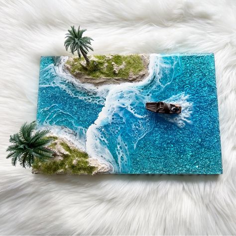 Bring Home A Little Piece Of The Ocean Today With This Tropical Seascape Plaque. Featuring A Shimmering Sea Floor, 3d Landscaping, And A Mini Boat On An 8” X 12” Cradled Wood Panel. Comes Ready To Hang. 3d Beach Painting, Mini Boat, Ocean Tropical, Sea Floor, Boat Decor, Sea Decor, Resin Art Painting, Textured Canvas, Textured Canvas Art