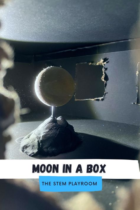 This moon phases box is an easy and fun way to teach kids the different phases of the moon. You can also take the box outside at night and compare the real moon with the box. Below is the list of supplies needed. Have fun! 🌕🌓🌗🌖🌔🌘🌒🌑 • Black box (a painted shoe box would work) • A small sphere that represents the moon. It could me made out of play-dough or a foam ball. • Small flashlight 🔦 Check out the moon box idea pin video! Moon Phases With Flashlight, Moon Phases Experiment, Moon Phases Project Ideas, Moon Science Experiment, Phases Of The Moon Science Project, Moon Phase Project Ideas, Moon Phases Science Project, Moon Projects For Kids, Phases Of The Moon Project