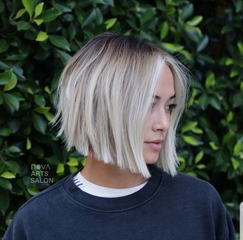 Short Hair Root Smudge, Chin Length Hair Fine Straight, Chin Length Hair For Fine Hair, Blonde Bob Shadow Root, Short Styles For Fine Hair, Short Bob Balayage, Silver Bob Haircut, Choppy Chin Length Hair, A Line Bob Short