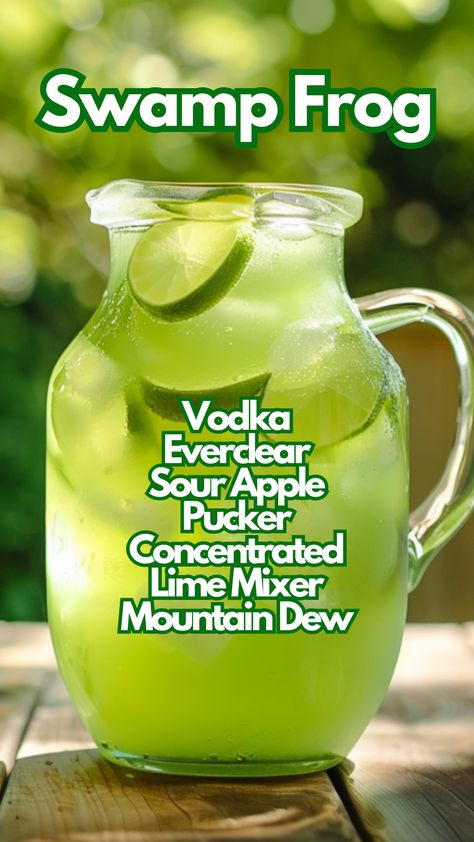 The Swamp Frog is a fun and powerful batch cocktail that’s perfect for sharing with friends. Made in a pitcher or gallon jug, this vibrant green drink is sure to be a hit. #swampfrog via @mybartender Swamp Frog Drink Alcohol, Alcohol Pitcher Drinks, Bullfrog Drink, Green Drinks Alcohol, Green Apple Cocktails, Bookish Party, Apple Martinis, Swamp Frog, Lime Cocktails