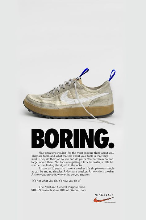 General Purpose Shoe, Copywriting Ads, Nike Poster, Tom Sachs, Copy Ads, Shoe Advertising, Nike Ad, Shoe Poster, One Pager