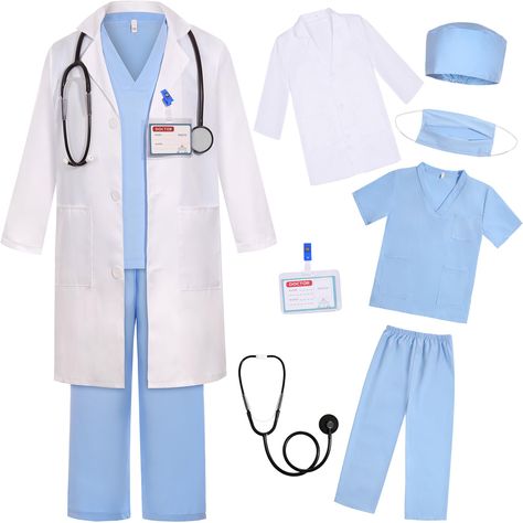 PRICES MAY VARY. Complete Doctor Costume Set: This comprehensive doctor dress-up set includes a white lab coat, top, pants, hat, mask, work ID badge, and a doctor toy, providing everything your kids needs to play the role of a medical professional. Doctor Dress Up: Designed to fit girls and boys aged 3-4, 4-5, 6-7, 8-9, and 10-12 years, this versatile costume set caters to a wide range of aspiring doctors. High-Quality Materials: Crafted from durable and child-friendly materials, this doctor att Doctor Coat Design, Doctor Dress Medical, Toddler Doctor Costume, Doctor Costume Kids, Costume For Kids Boys, Kids Lab Coat, Doctor Coat, Pretend Play Costumes, White Lab Coat