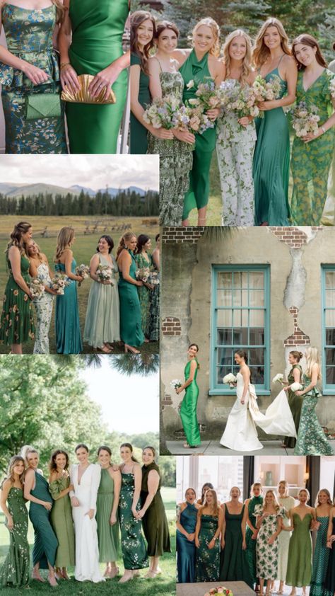 Bridal party Dark Green Mismatched Bridesmaid Dresses, Kelly Green Bridesmaid Dresses, Mixed Green Bridesmaid Dresses, Shades Of Green Bridesmaid Dresses, Green Bridesmaid Dresses Mismatched, Mismatched Green Bridesmaid Dresses, Black Tie Optional Wedding, Creative Black Tie, Patterned Bridesmaid