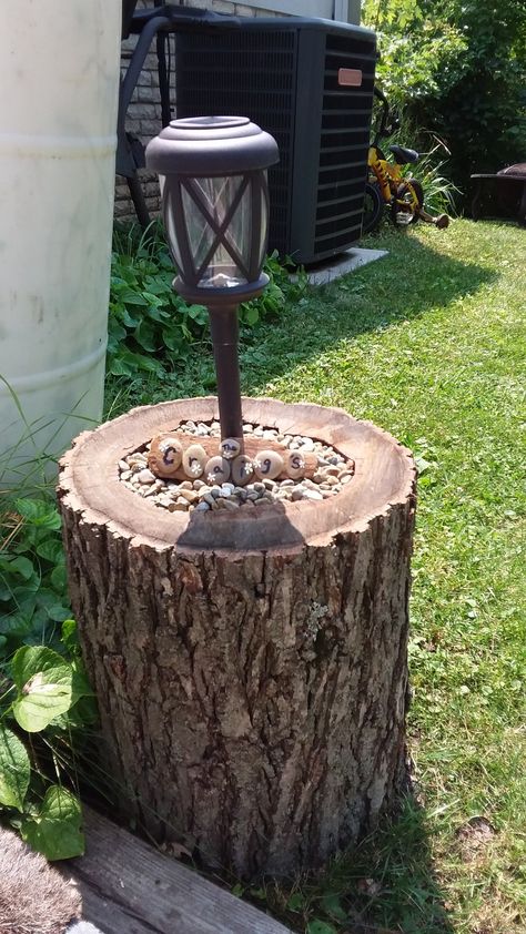 Tree Trunk Landscaping Ideas, Tree Stump Lights, Outdoor Tree Stump Ideas, Log Yard Decor, Tree Stump Plant Stand, Large Log Ideas, Large Tree Stump Ideas Outdoor, Ideas For Tree Stumps In Yard, Tree Trunk Ideas Outdoor