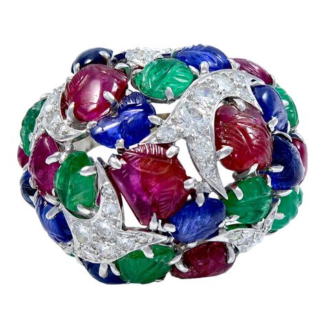 David Webb Tutti Frutti Diamond Ring | From a unique collection of vintage dome rings at http://www.1stdibs.com/jewelry/rings/dome-rings/ Haute Jewelry, Sapphire Beads, High Jewelry Ring, Jewelry Design Drawing, David Webb, Ruby Beads, Emerald Bead, Cartier Jewelry, Tutti Frutti