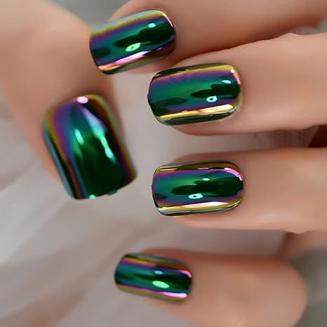 24pcs Metallic Green Laser Holographic Round Press On Nails Medium Faux Ongles Artificial Nail Art Nail Short, Nails Press, Nagel Tips, Nails Set, Metallic Nails, Nail Supplies, Nail Forms, Nails Simple, Fake Nail