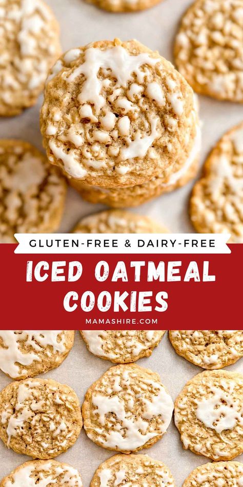 These Gluten-Free Iced Oatmeal Cookies have soft and chewy centers and are topped with icing that creates the classic taste and look of store-bought iced oatmeal cookies. Each delightful bite is full of oatmeal with a hint of cinnamon and vanilla for that perfect cookie taste. Gluten Recipes, Gluten Free Oatmeal Cookies, Gf Cookies, Iced Oatmeal Cookies, Gluten Free Brands, The Perfect Cookie, Gf Food, Easy Gluten Free Desserts, Gluten Free Cookie Recipes