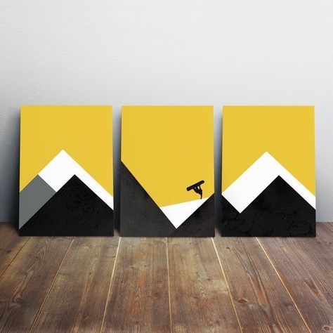 Three Art Prints, Ski Wall Decor, Snowboard Art, Mini Toile, Mondrian Art, Geometric Shapes Art, Abstract Mountain, Diy Canvas Wall Art, Modern Contemporary Art