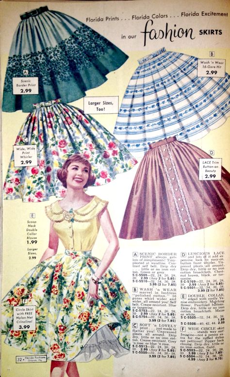 Page from 1950's Florida Fashions catalogue. 50s Circle Skirt, 1950 Skirt, Skirts Vintage, 1950’s Fashion, Circle Skirts, Skirt Inspiration, 1950 Fashion, Floral Skirts, Florida Fashion