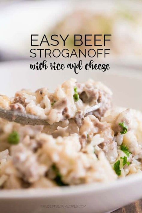 Beef Stroganoff With Rice, Hamburger Stroganoff Recipe, Easy Mushroom Soup, Easy Beef Stroganoff, Ground Beef Rice, Beef Stroganoff Easy, Ground Beef Stroganoff, Cheese Rice, Ground Beef Dishes