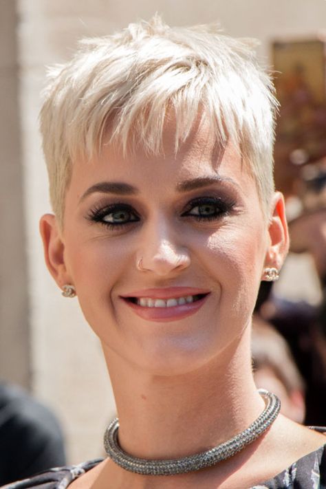 Katy Perry Straight Platinum Blonde Pixie Cut Hairstyle | Steal Her Style Celebrity Pixie Cut, Katy Perry Hair, Pixie Cut Hairstyles, Platinum Blonde Pixie, Shaved Pixie, Short Spiked Hair, Cut Hairstyles, Steal Her Style, Spiked Hair