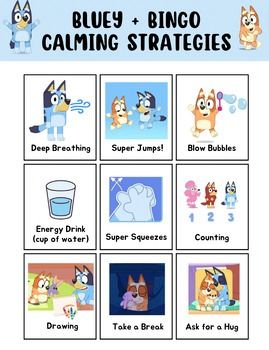 Bluey + Bingo Calming Strategy Chart by Ms Yaejis SW and SEL Corner Sensory Overload Bingo, Social Emotional Activities For Toddlers, Bluey Bingo Space, Bingo For Preschoolers, Calm Down Corner Ideas, Bluey Activities, Bluey Classroom, Coping Skills Bingo, Calming Strategies For Kids Printable