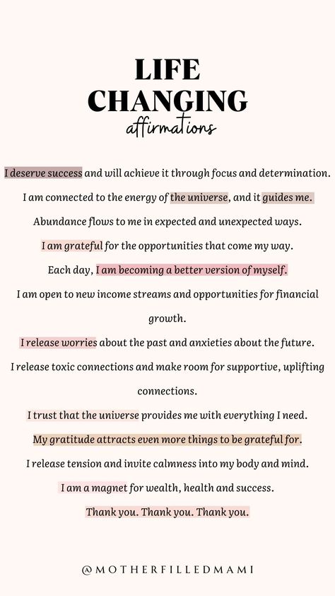 Here are a few life changing affirmations to change your life for the better. We truly do have the power to create a happier life for ourselves. #thankyou #prayer #faith #positiveaffirmations #affirm #affirmations #iamaffirmations #dailyaffirmation #growing #healing #understanding #selflove #selfacceptance #positivity #stayfocused #motivation #inspiration #Motivationa #getup #believeit #receiveit #positiveselftalk #selfcare #positivethinking Affirmation For Change, Boss Lady Affirmations, Affirmations For Change, Change Affirmations, Life Changing Affirmations, Positive Daily Affirmations, Affirmations Confidence, Motivation Affirmations, Life Affirmations