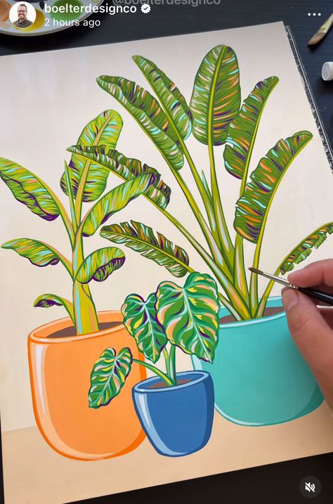 Potted Plants Painting Acrylic, Gouache Techniques, Giant Bird Of Paradise, Philip Boelter, Gouache Illustrations, Banana Tree, Gouache Art, Abstract Art Painting Diy, Canvas Painting Designs