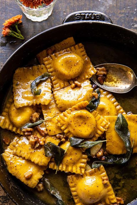 Sage Butter Pumpkin Cheese Ravioli. Autumn Dinner Party Recipes, Party Recipe Ideas, Halloween Dinner Party Food, Fall Dinner Ideas, Ravioli Sauce, Halloween Dinner Party, Pumpkin Ravioli, Half Baked Harvest Recipes, Sage Butter