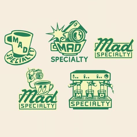 MAD Specialty (@mad_specialty) • Instagram photos and videos Convenience Store Logo Design, Vintage Coffee Design, Logo Inspo Graphics, Nostalgic Logo Design, Retro Brand Design, Hand Drawn Logos, Vintage Coffee Shop Logo, Vintage Branding Design, Illustrated Icons