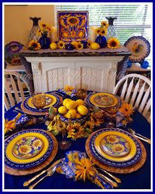 Smashing Plates Tablescapes: September Sunflowers Yellow Thanksgiving Table, Smashing Plates, Autumn Kitchen Decor, Rooster Plates, Cobalt Blue Vase, Yellow Cottage, Beautiful Tablescapes, Fall Table Settings, Flowers Blooming