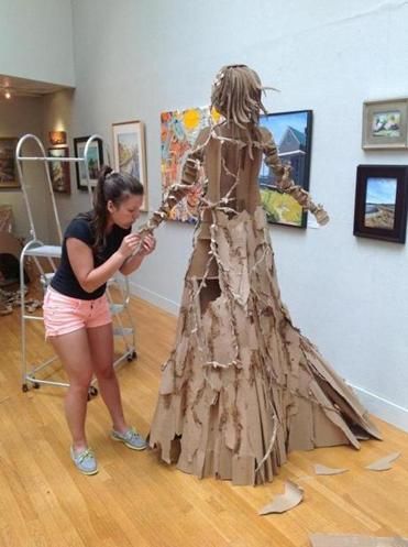 High school art students star in three-dimensional show - The Boston Globe Cardboard Body Sculpture, Mother Nature Sculpture, High School Sculpture Projects, Mother Of Nature, High School Art Room, Cardboard Art Sculpture, Cardboard Projects, Nature Sculpture, Art Ideas For Teens