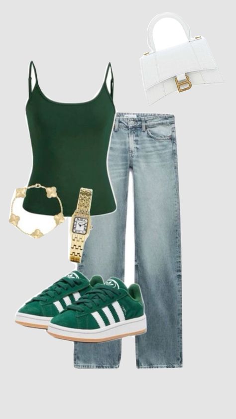 Green Campus Outfit Ideas, Outfits With Green Campus 00s, Dark Green Campus 00s Outfit, Green School Outfits, Green Adidas Campus Outfit, Adidas Campus Green Outfit, Green Campus Outfit, Green Campus 00s Outfit, Campus 00s Green Outfit