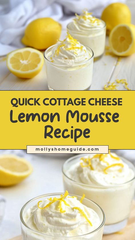 Indulge in the light and refreshing taste of cottage cheese lemon mousse with this easy and delicious recipe. Perfect for a summer dessert or special occasion, this dessert is a delightful blend of creamy cottage cheese and tangy lemon flavor. The smooth texture of the mousse creates a luxurious treat that is sure to impress your guests. Whether you're entertaining friends or simply satisfying your sweet tooth, this cottage cheese lemon mousse is a delightful option that will leave everyone aski Sugar Free Cottage Cheese Desserts, Cottage Cheese Custard, Dessert Recipes With Cottage Cheese, Lemon Cottage Cheese Dessert, Cottage Cheese Desserts Easy, Blend Cottage Cheese, Cottage Cheese Mouse, Blended Cottage Cheese Dessert, Cottage Cheese Chocolate Mousse